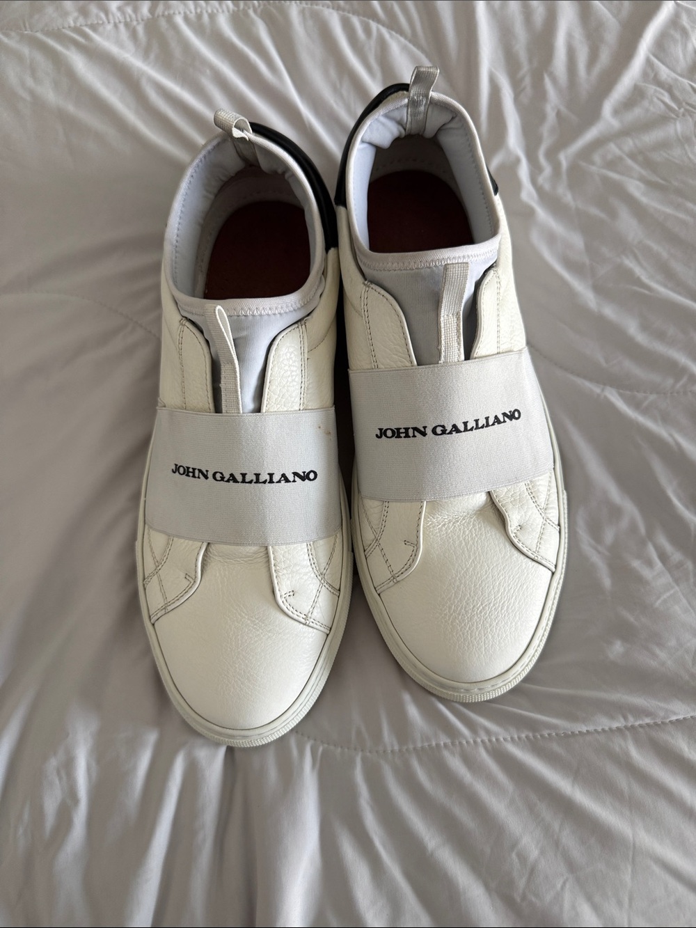 John Galliano White Leather Slip-On Loafers with Branded Elastic Band